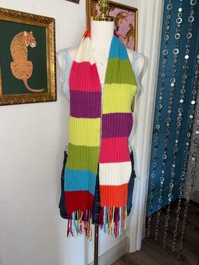 Y2K Colorblock Ribbed Knit Scarf with Fringe